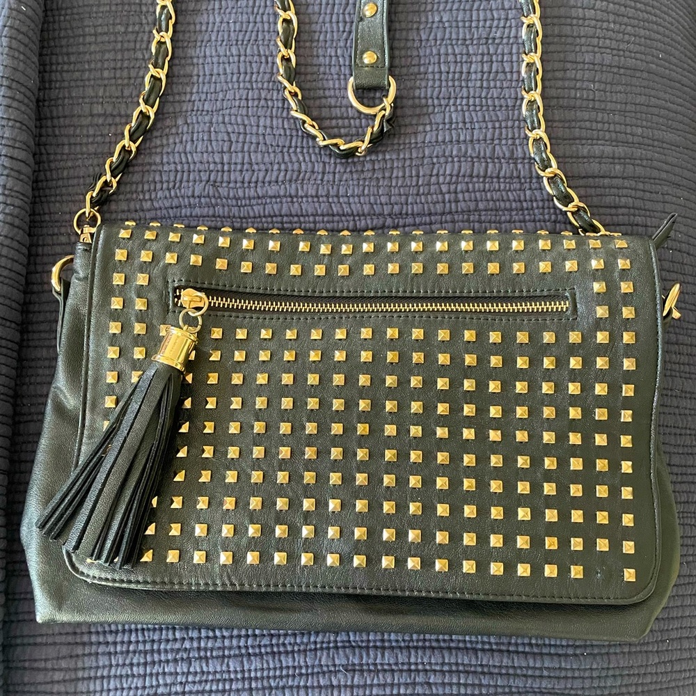 Black and gold studded crossbody bag with with gold link chain